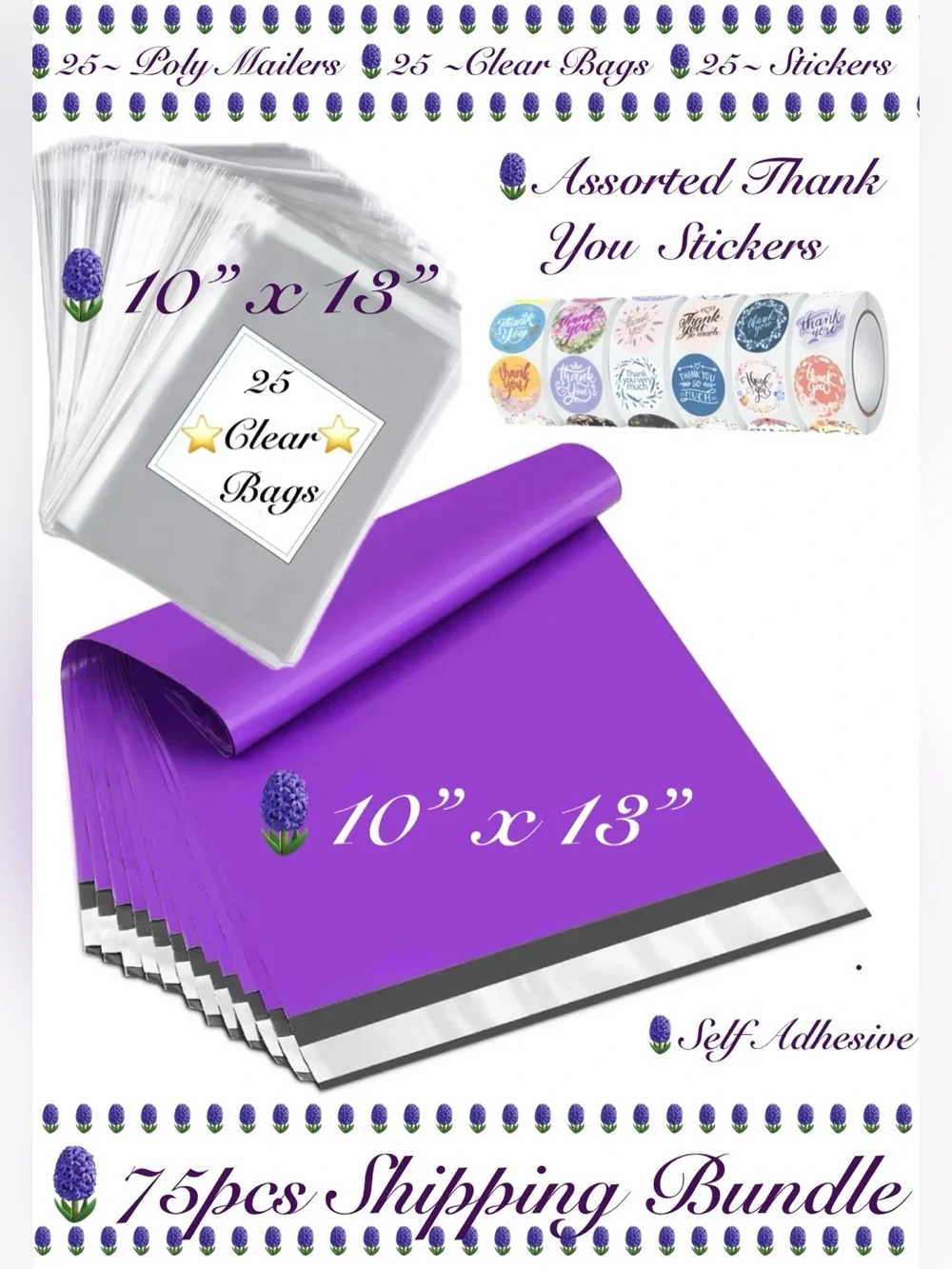 75pc Shipping Package, 25-purple Poly Mailers 25-Clear Bags, 25-TY Stickers⭐️🆕⭐️